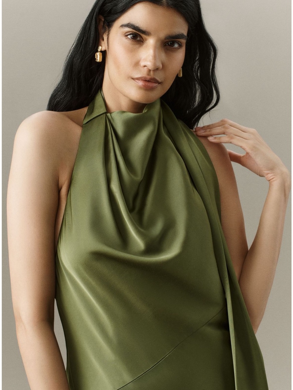 Satin Halter Maxi Dress in Olive Green with Draped Sash - Picture 3 of 4
